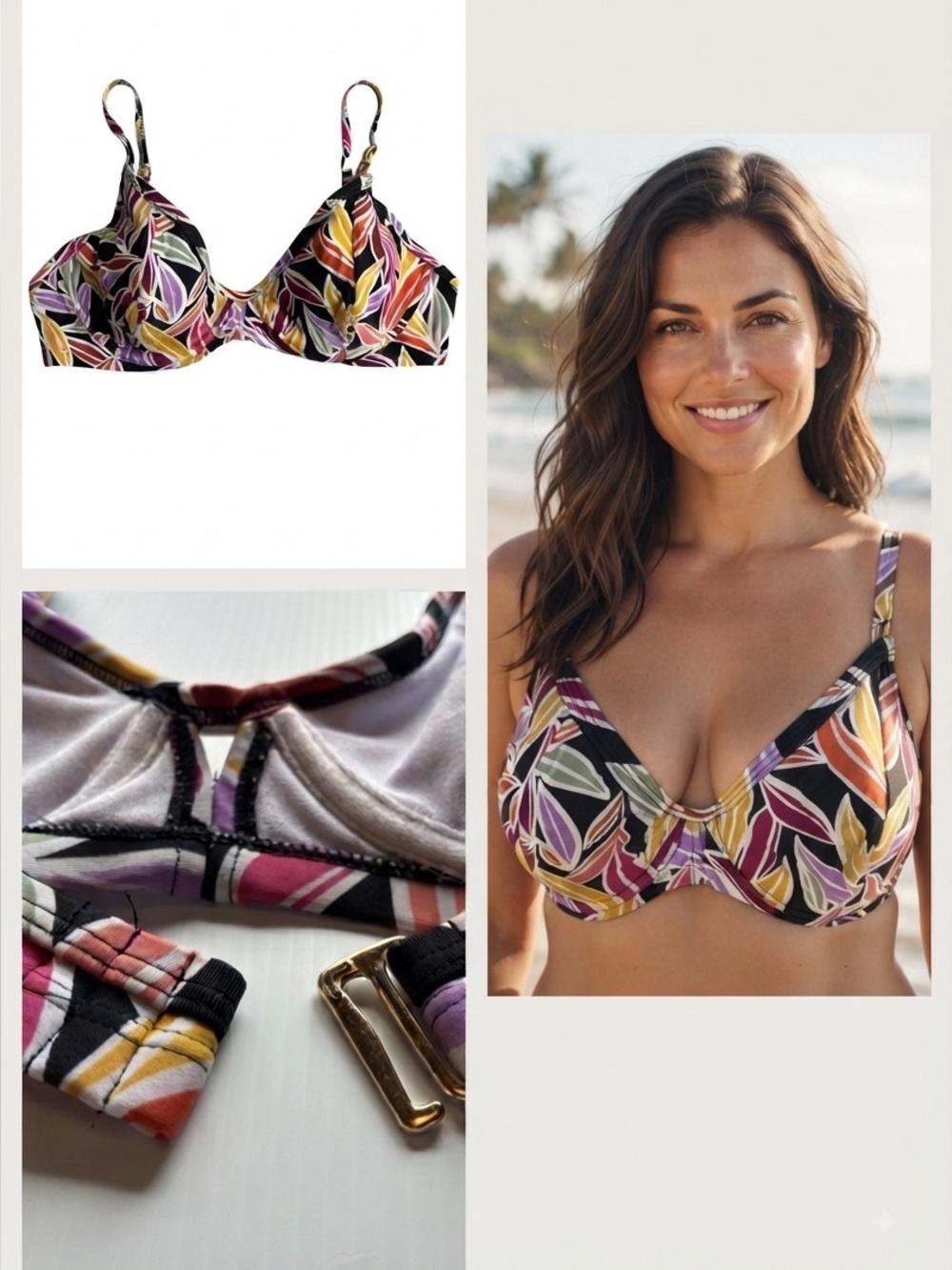 BCBG Paris Swim Bikini Top XL Tropical Floral Black Purple Mango Underwire Lined